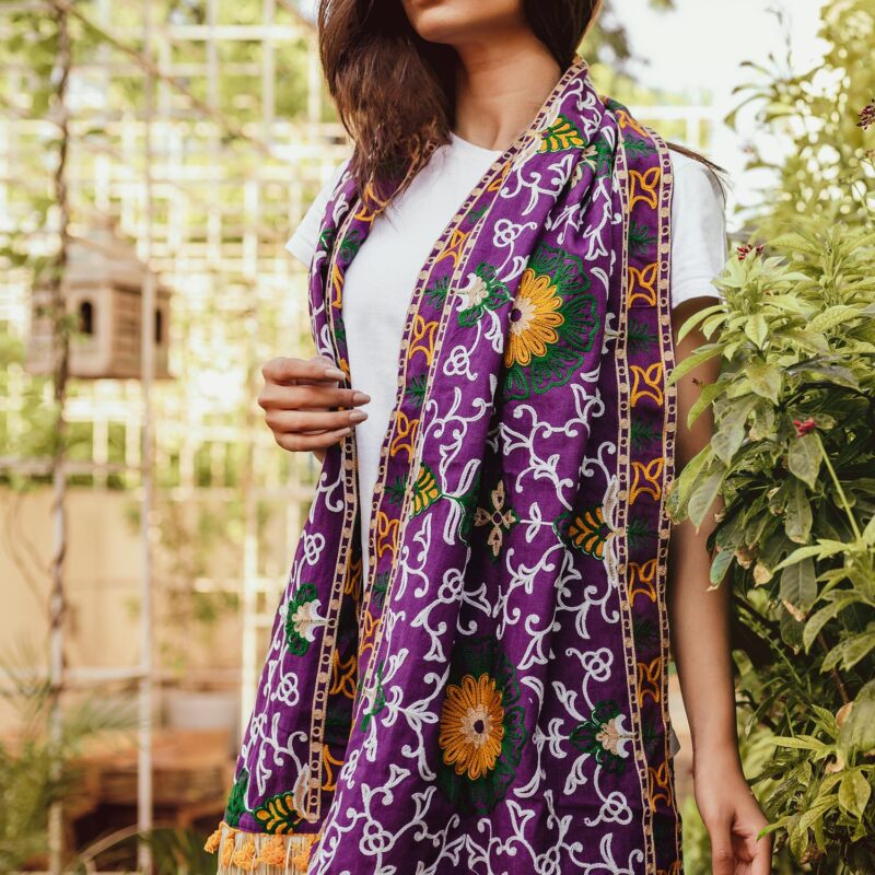 Heavily Woollen Embroidered Purple Khadi Muffler mesmora 1