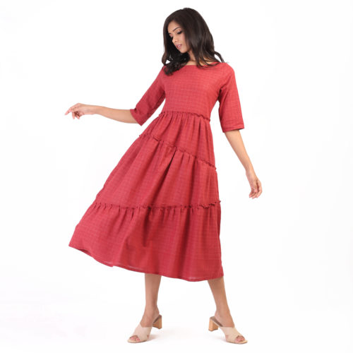 Dull Red Checkered Tiered Dress 1