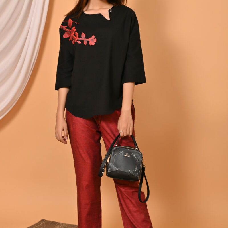 Black Closed Neck Top with Maroon Pants 1 scaled